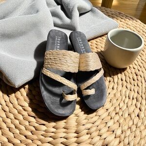 Journee Collection Black Sandals with Tan Woven Straps